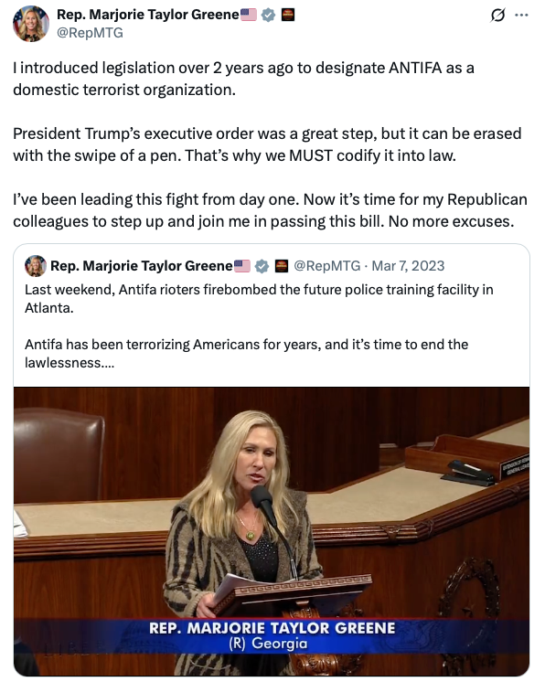 I introduced legislation over two years ago to designate ANTIFA as a domestic terrorist organization.