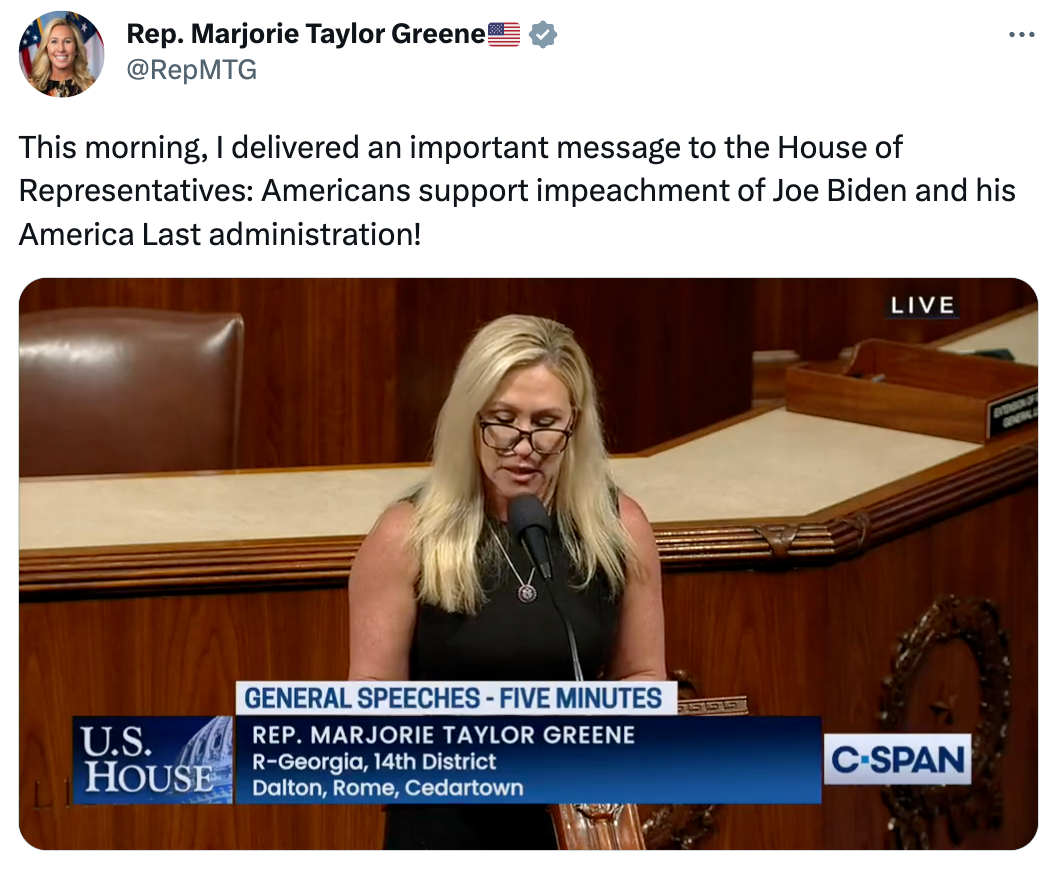 Rep. MTG delivers a speech on the House Floor to highlight the support for her Articles of Impeachment