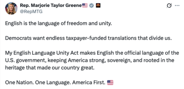 My English Language Unity Act makes English the official language of the U.S. government.