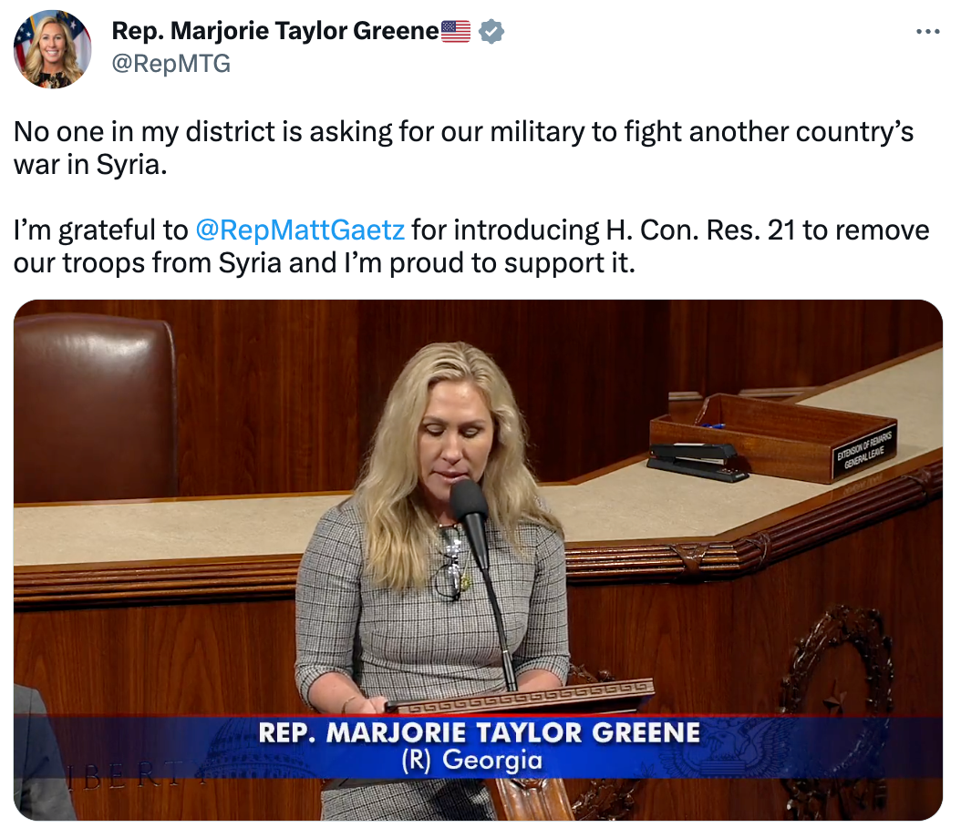 Rep. MTG proudly backs Rep. Gaetz's bill to withdraw American troops from Syria