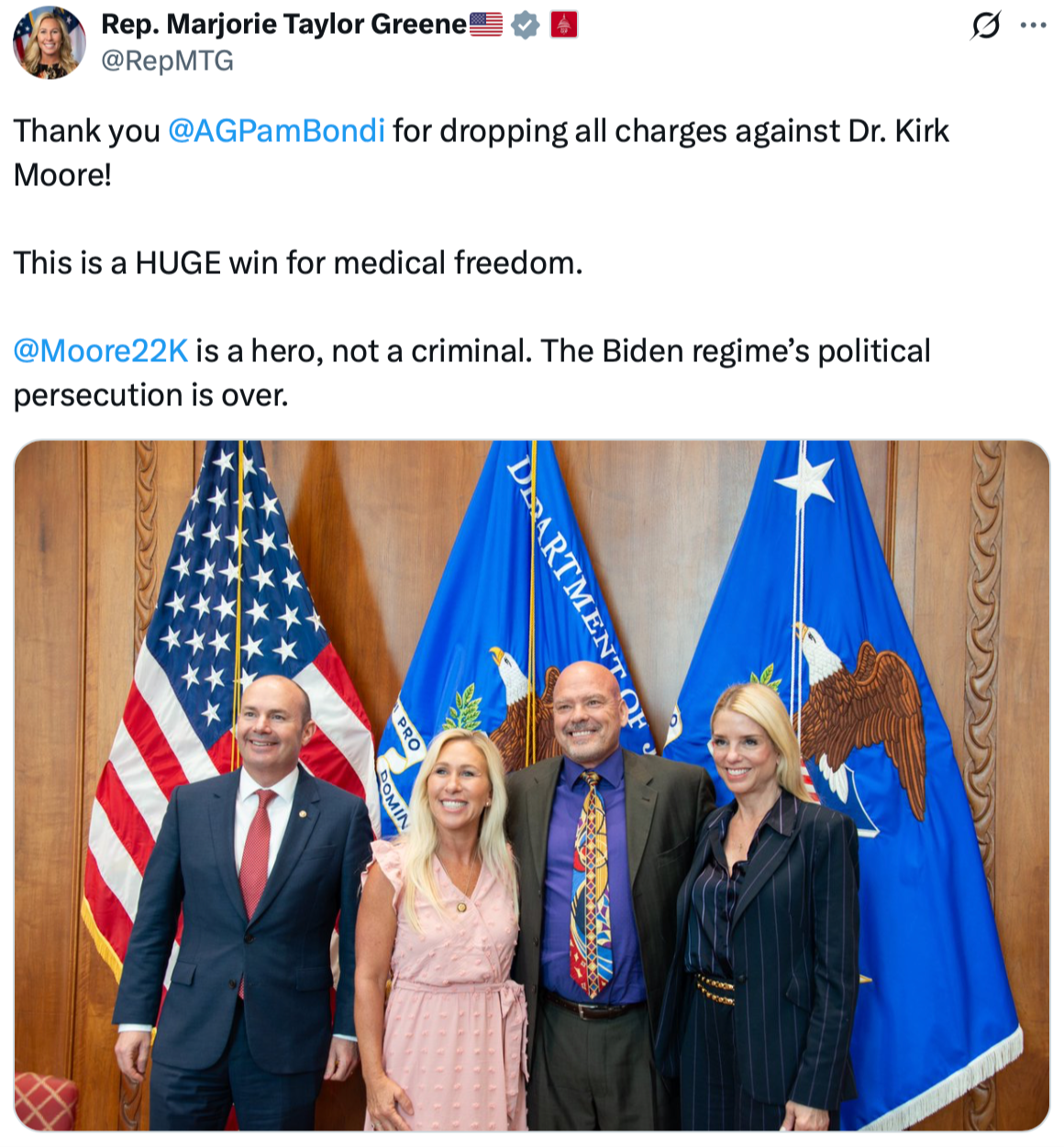 I'm thankful to AG Pam Bondi for dropping charges against Dr. Kirk Moore