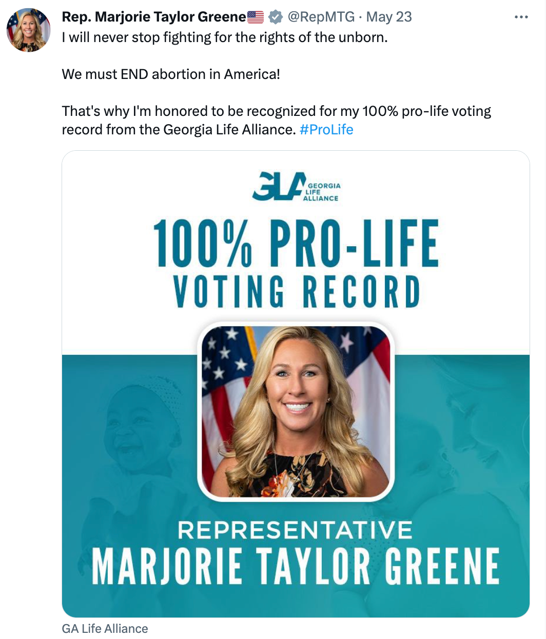 Rep. MTG was recognized for a 100% pro-life voting record by the Georgia Life Alliance