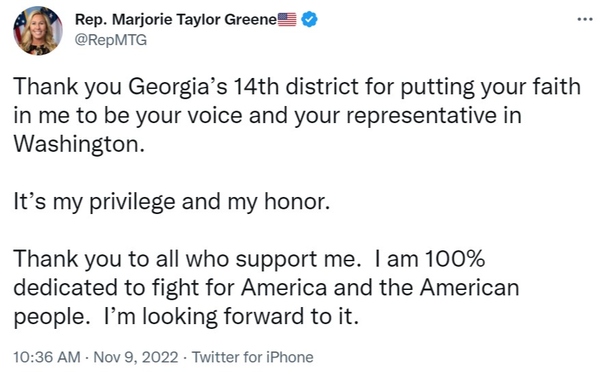 Rep. MTG tweets her thanks to voters in Georgia's 14th Congressional District