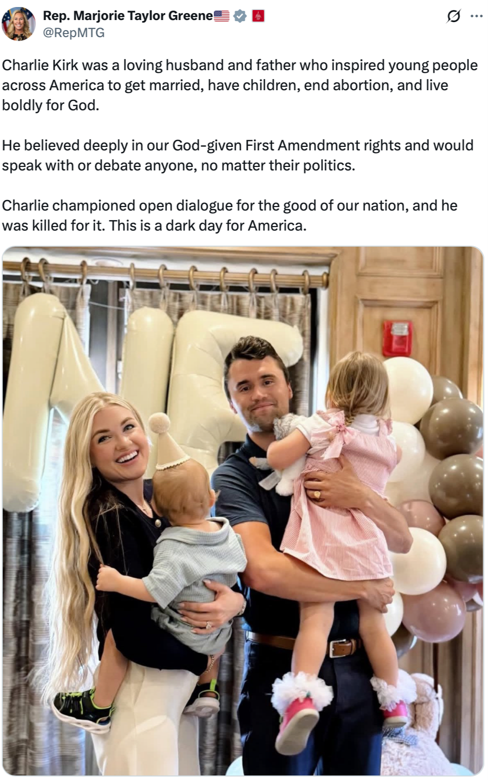 Please join me in praying for the family of Charlie Kirk