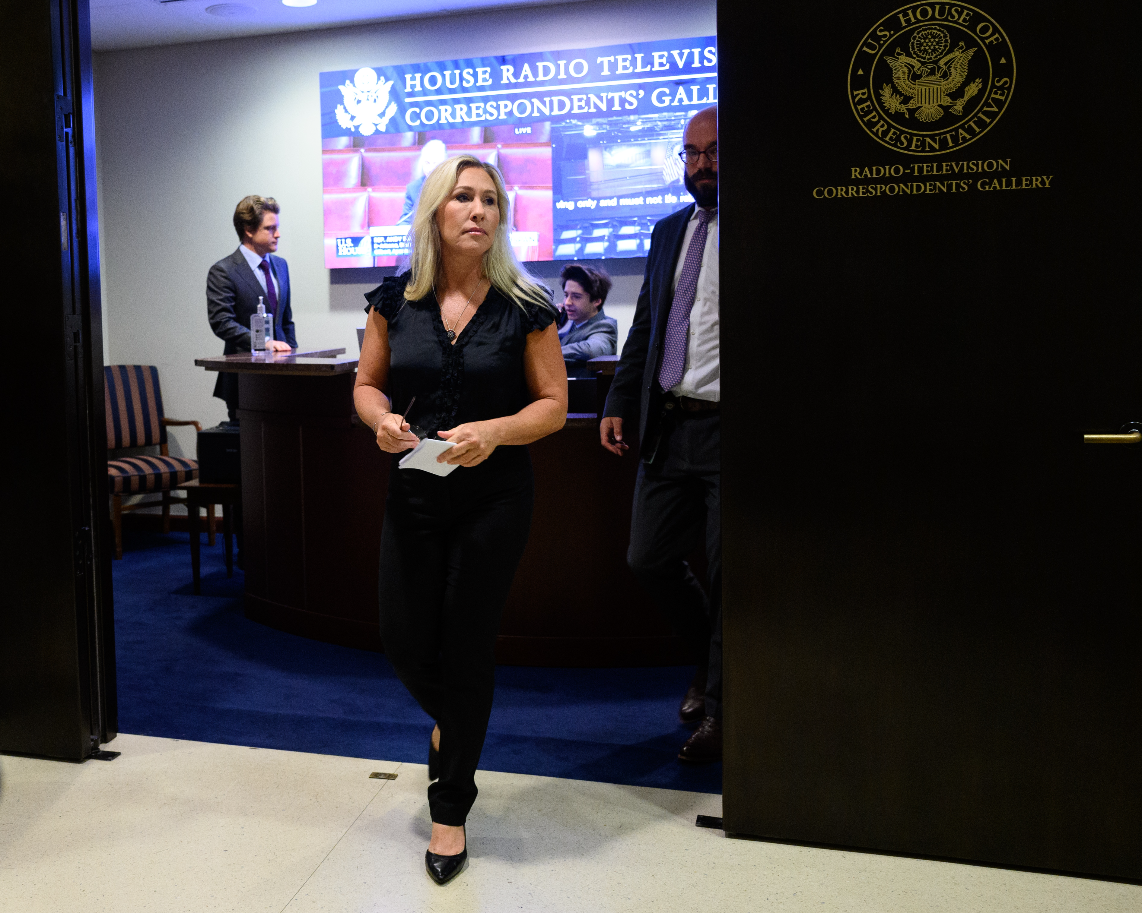 Rep. MTG exits the House Recording Studio after holding a Press Conference on her five Articles of Impeachment