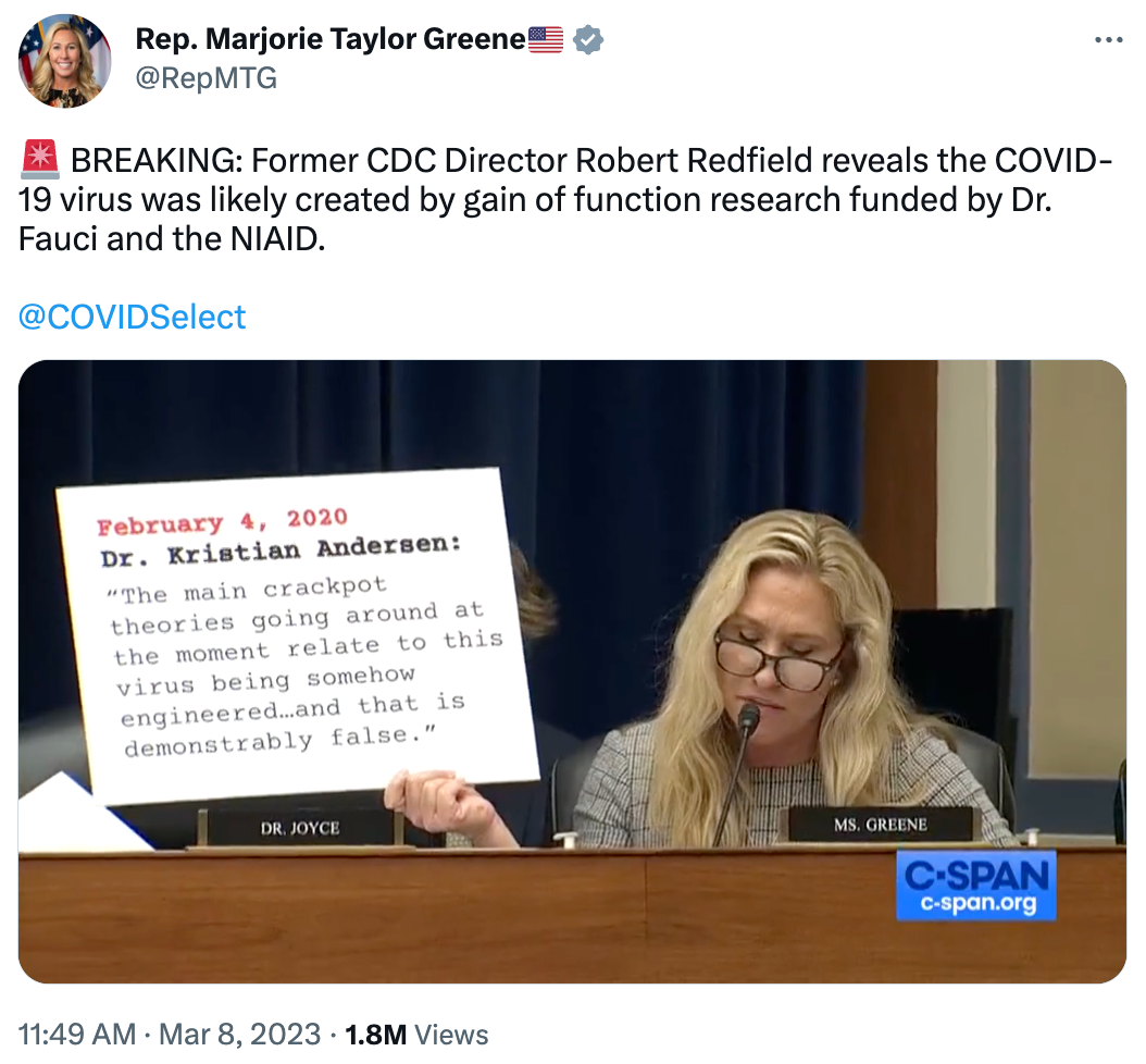 Former CDC Director admits to Rep. MTG that Covid-19 was likely created in a lab