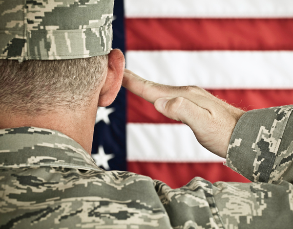 Military soldier saluting an American flag